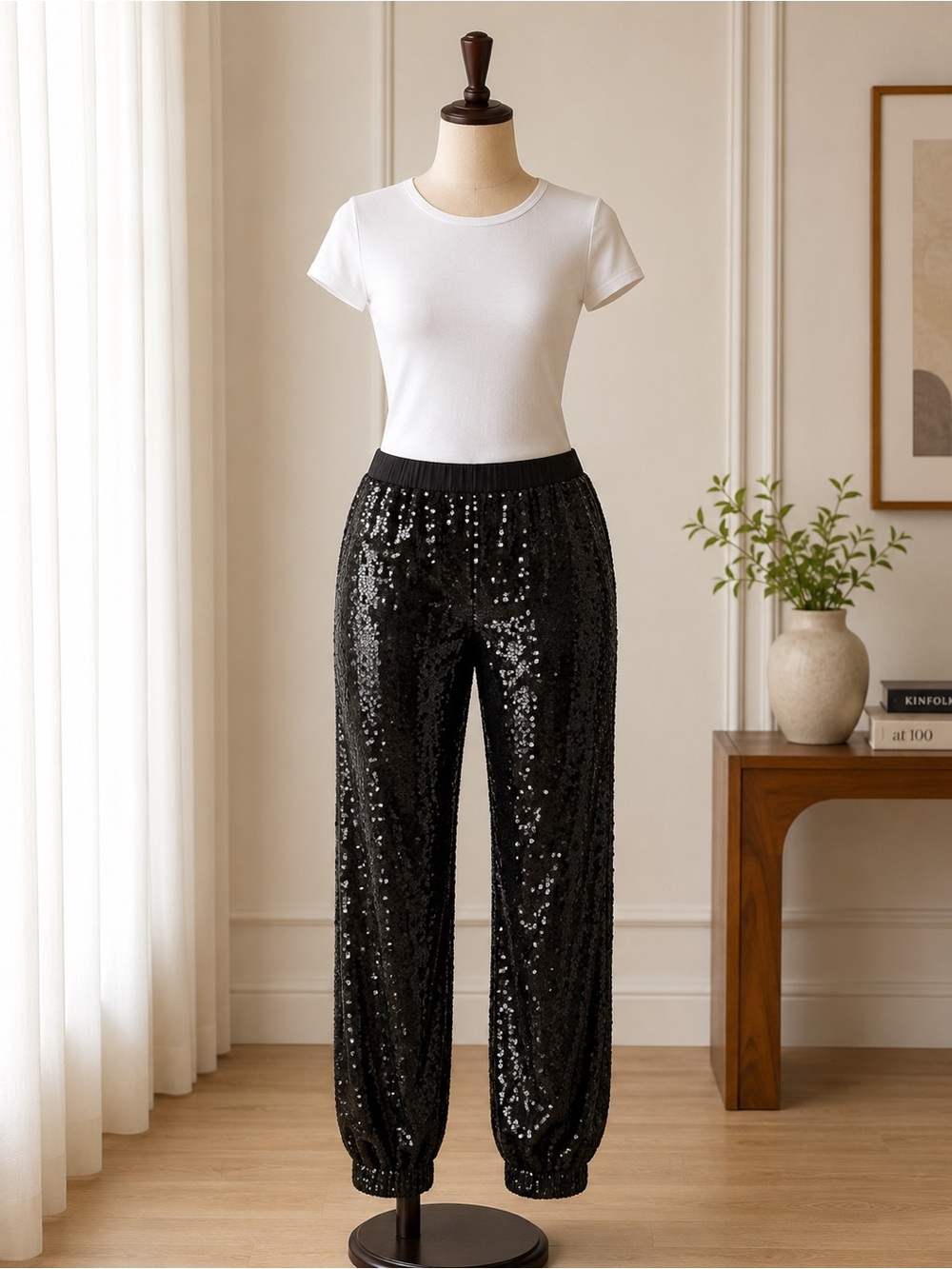 NWT White House Black Market XL Black Sequin Jogger Pants Party Holiday